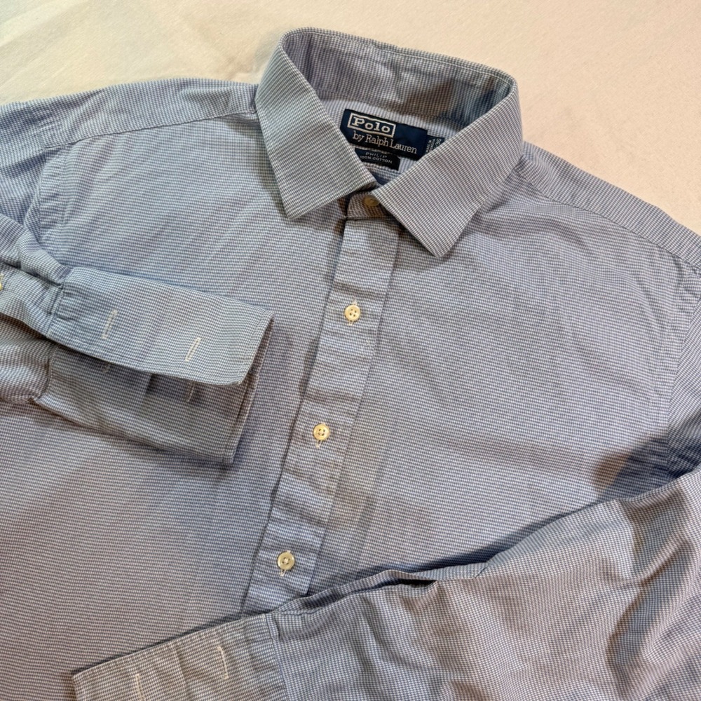 Vtg Polo Ralph Lauren Button Down Shirt Mens 16.5 Blue Micro Gingham French Cuff